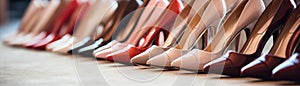Closeup Of Row Of Stylish Highheeled Shoes Panoramic Banner