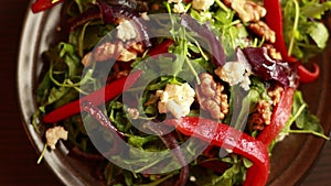 CloseUp of Rucola, Onion, Canned Red Peppers, and Walnuts Winter Salad