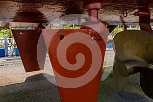 Closeup of rudders and propeller on retired frigate