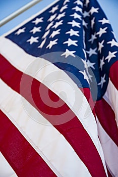 Closeup of ruffled American flag. Stars and Stripes