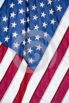 Closeup of ruffled American flag. Stars and Stripes