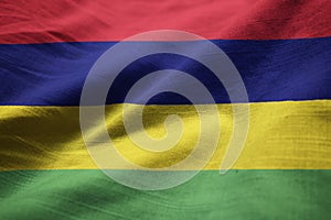 Closeup of Ruffled Mauritius Flag, Mauritius Flag Blowing in Wind