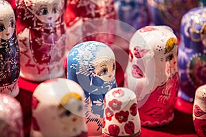Closeup of Russian Matryoshka dolls, traditional souvenirs
