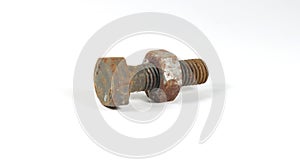 Closeup of a rusted bolt with a nut on a white background