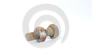 Closeup of a rusted bolt with a nut on a white background