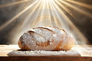 Closeup of rustic sourdough bread on wooden board in sunlit kitchen, creating a cozy atmosphere