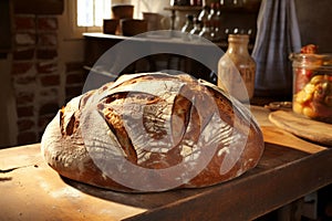 Closeup of rustic sourdough bread on wooden board in sunlit kitchen, creating a warm, inviting scene