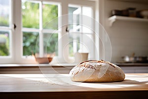 Closeup of rustic sourdough bread on wooden board in sunlit kitchen, perfect for food enthusiasts