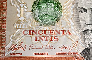 Closeup of 80s perivian 50 Intis currency banknote with coat of arms and portrait of Nicolas de Pierola photo