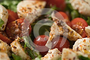 Closeup salad with cherry tomatoes, mozzarella and frisee leaves in white bowl on concrete background