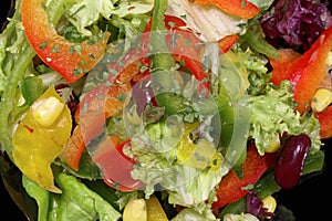 Closeup of salad with fresh vegetables on black plate