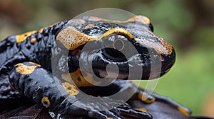 Closeup of a salamanders skin visibly irritated and covered in lesions from exposure to contaminated water. Its thin