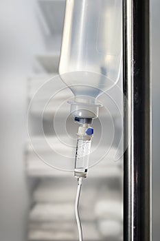 Closeup of a saline IV drip Infusion bottle with IV solution for patients