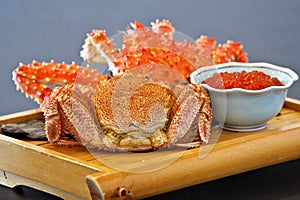 Closeup of salmon caviar and Horsehair crab and King crab