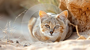 Closeup of a sand cat crouched low to the ground its fur adorned with subtle stripes that mimic the shifting sands