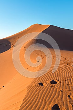 Closeup of sand ripples and tracks on sand dunes in a desert against clear blue sky