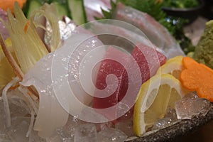 Closeup Sashimi plate, fresh squid and tuna