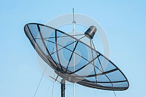 Closeup satellite dish on clear blue sky background