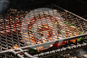 Closeup Of Sausage and chicken kebab On The Grill