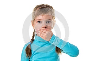 Closeup scared girl covering her mouth with hand on white landscape background