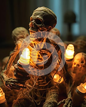 Closeup of a scary crochet zombie skeleton holding a lit candle in a room full of glowing vacuum tubes and LEDs.Zombie Doom