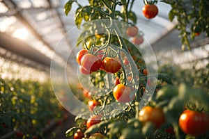 closeup Scenic sight from within a tomato greenhouse. ai generative