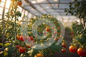 closeup Scenic sight from within a tomato greenhouse. ai generative