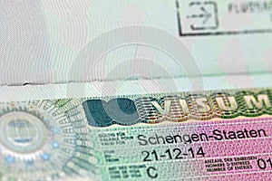 Closeup of the Schengen visa