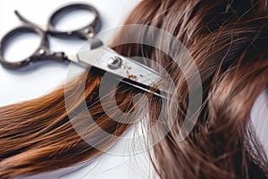 closeup of scissors snipping brunette hair strands