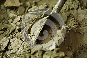 closeup of scoop digging into crumbled dry green clay