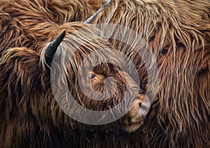 Closeup of a Scottish highland cattle  hairy cow