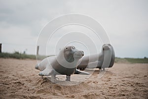 Closeup of sea lion spring rockers in a playground on a gloomy day