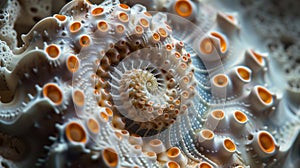Closeup of a seashell with tiny pulsating spirals creating a hypnotizing pattern reminiscent of pulsating marine life photo