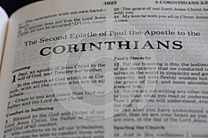 Closeup of "The Second Epistle of Paul the Apostle to the Corinthians" in Holy Bible