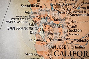 Selective Focus Of Bay Area San Francisco California On A Geographical And Political State Map Of The USA photo