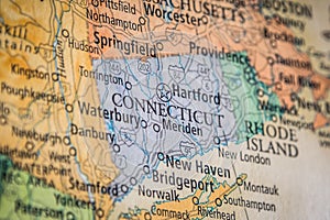 Selective Focus Of Connecticut State On A Geographical And Political State Map Of The USA photo