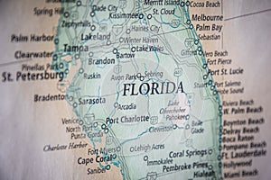 Selective Focus Of Florida State On A Geographical And Political State Map Of The USA photo