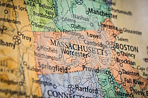 Selective Focus Of Massachusetts State On A Geographical And Political State Map Of The USA photo