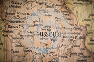 Selective Focus Of Missouri State On A Geographical And Political State Map Of The USA photo