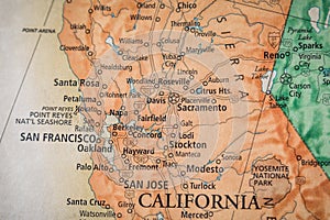 Selective Focus Of North California San Francisco On A Geographical And Political State Map Of The USA photo