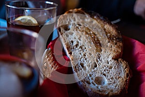 Closeup selective focus shot of a toasted bread in a basket