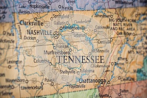 Selective Focus Of Tennessee State On A Geographical And Political State Map Of The USA photo