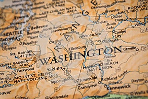 Selective Focus Of Washington State On A Geographical And Political State Map Of The USA photo