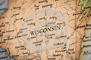 Selective Focus Of Wisconsin State On A Geographical And Political State Map Of The USA photo