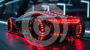 A closeup of a selfdriving car with glowing red LED lights on its front and sides highlighting its advanced technology photo