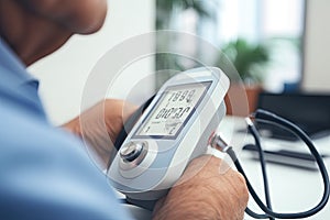 Closeup of senior man measuring blood pressure with digital sphygmomanometer, Blood pressure monitor in the medical office. The