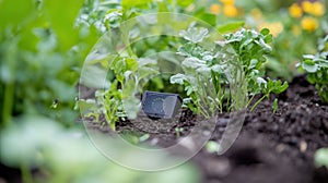 A closeup of a sensor device integrated into a moisturerich soil bed with surrounding plant