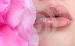 Closeup sensual lips. Woman mouth. Sexy plump lip lipstick.