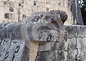 Closeup serpent head on the Platform of the Eagles and Jaquars, Chichen Itza