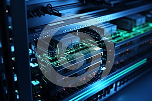 Closeup server equipment for massive data connection. Generative AI